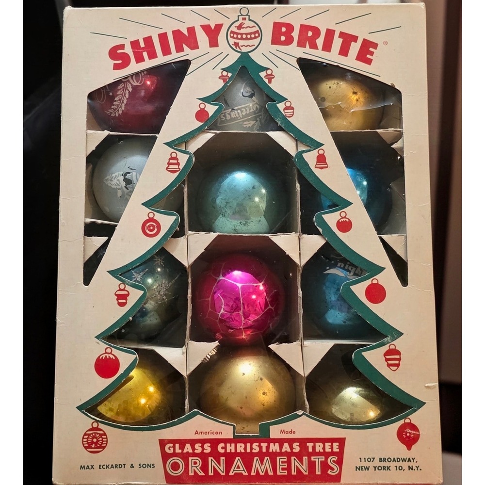 Vintage Shiny Brite Glass Christmas Ornaments Mixed Set Max Eckardt Box 12ct